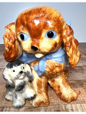 Vintage Ceramic Dog Planter With Puppy Figurine Brown & Blue Collectible